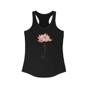 Black yoga tank, gym tank, exercise tank with pink lotus flower and the work breathe in script