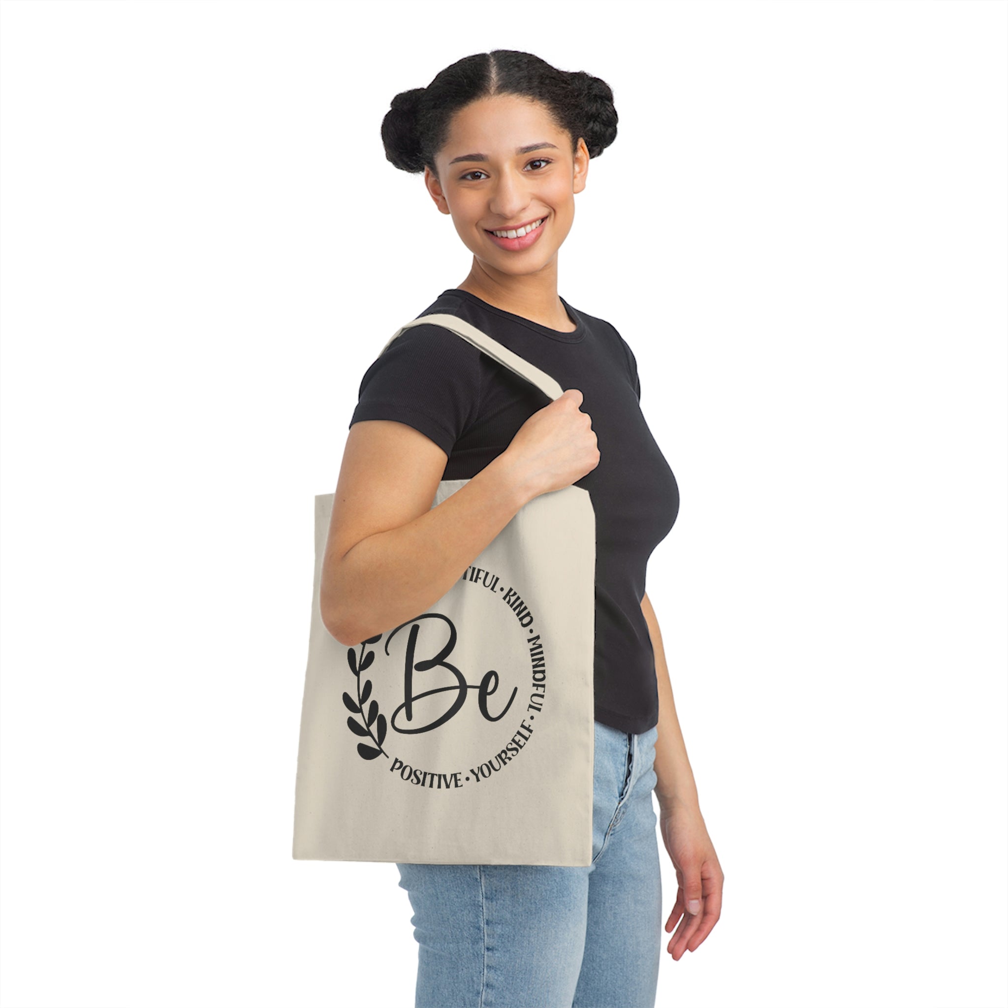 BE Beautiful, Kind, Mindful, Yourself, Positive Canvas Tote Bag  This stylish tote bag is perfect for anyone who wants to carry their message with style. The message on the front of the bag is a powerful reminder to be true to yourself and be kind to others.