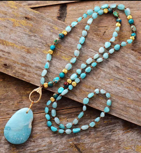 Natural Stone Pendant  Amazonite Gold Tone Chain Necklace