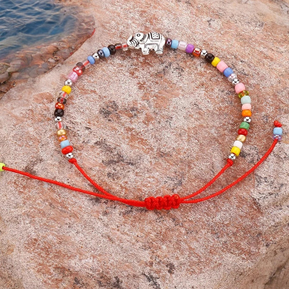 Dainty Red String Multi-Color Beaded Elephant Charm Bracelet, Good Luck Bracelet, Spiritual Strength Bracelet